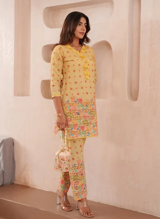 دي دبليو طقم منسق من تونيك وبنطال قطن بطبعة زهور للنساء